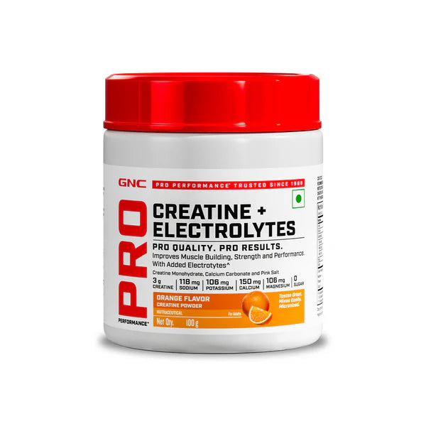 GNC Pro Performance Creatine + Electrolytes supplement container on a white background