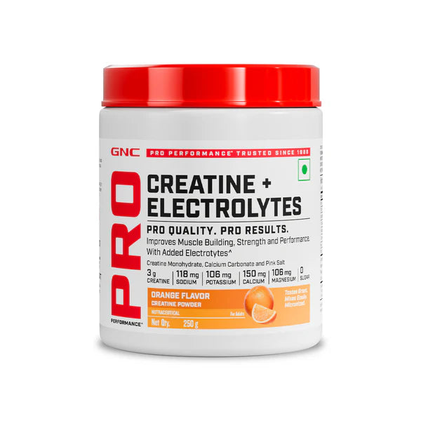 GNC Pro Performance Creatine + Electrolytes supplement container on a white background