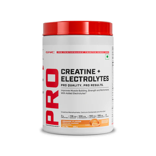 GNC Pro Performance Creatine + Electrolytes supplement container on a white background