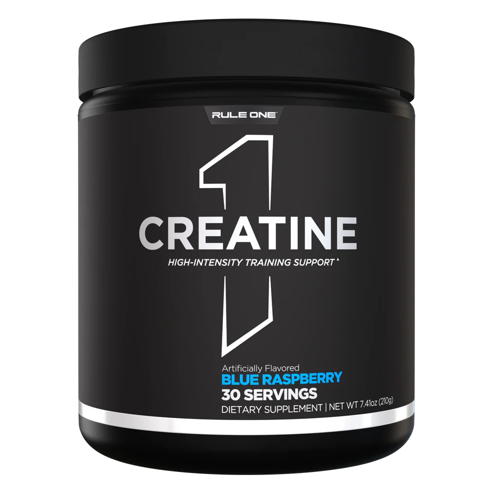 Black container of Rule One Creatine supplement with blue raspberry flavor on a white background