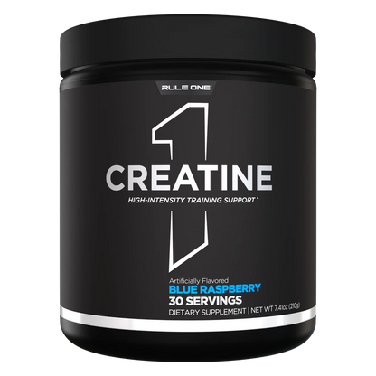 Black container of Rule One Creatine supplement with blue raspberry flavor on a white background