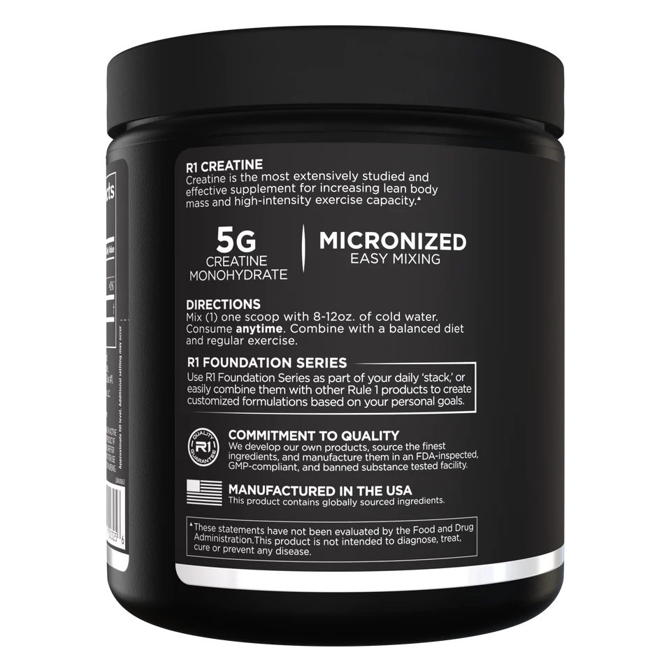 Black supplement container with white text on a white background