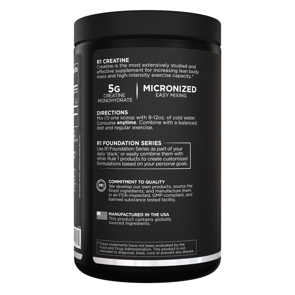 Black supplement container with white text on a white background