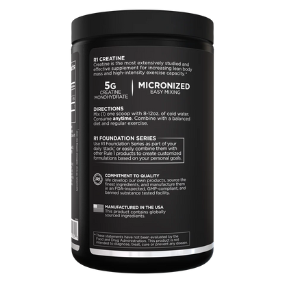 Black supplement container with white text on a white background