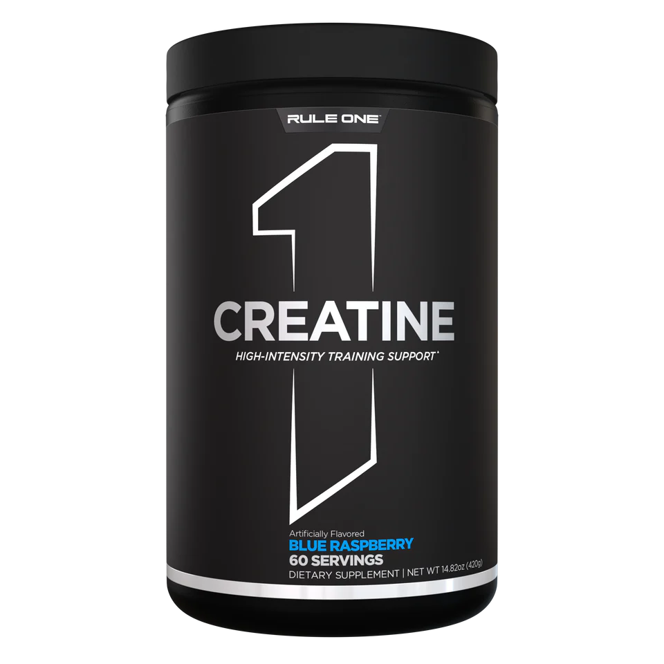 Black container of Rule One Creatine with blue raspberry flavor on a white background
