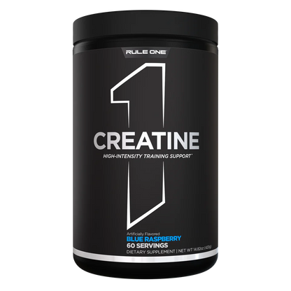 Black container of Rule One Creatine with blue raspberry flavor on a white background