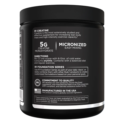 Black supplement container with white text on a white background