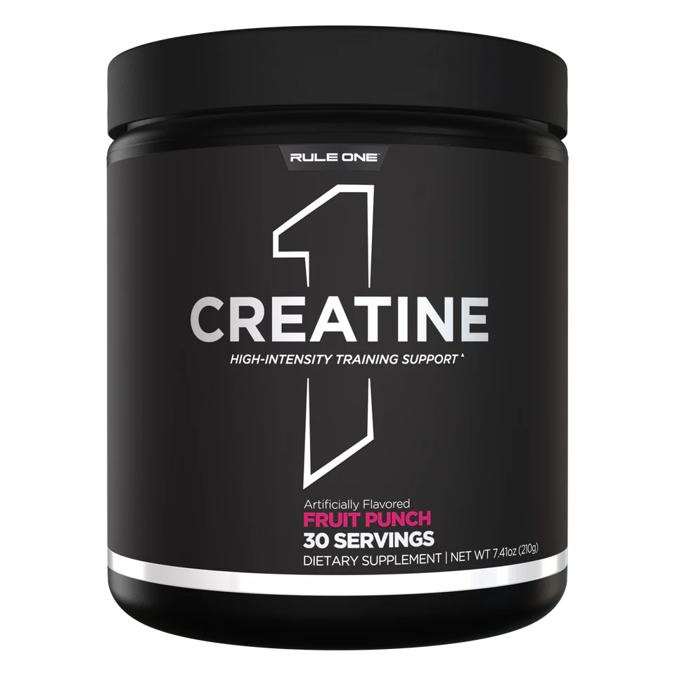 Black container of Rule One Creatine supplement with fruit punch flavor on a white background