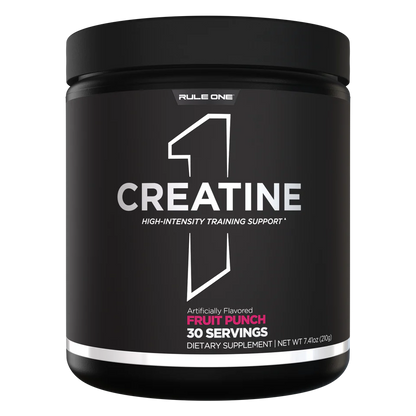 Black container of Rule One Creatine supplement with fruit punch flavor on a white background