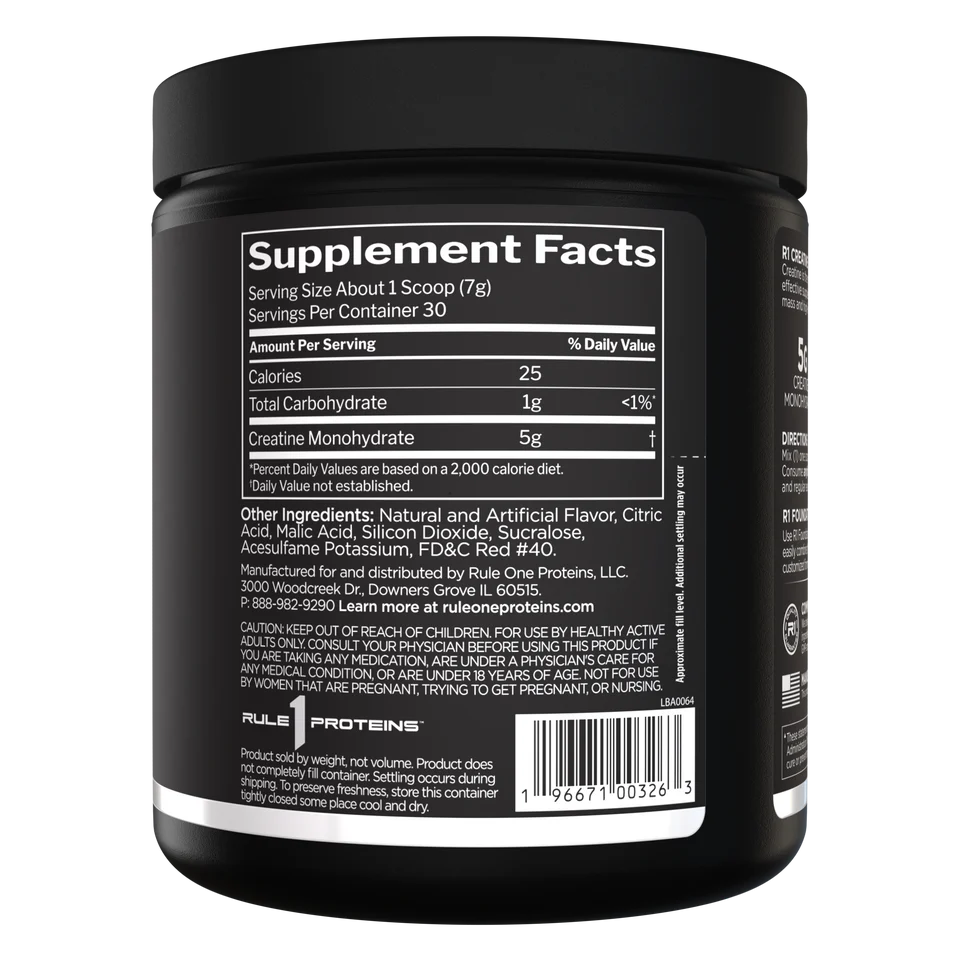 Supplement container with black lid and label displaying supplement facts on a white background