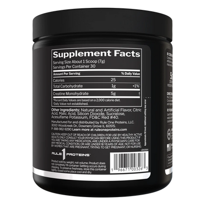 Supplement container with black lid and label displaying supplement facts on a white background