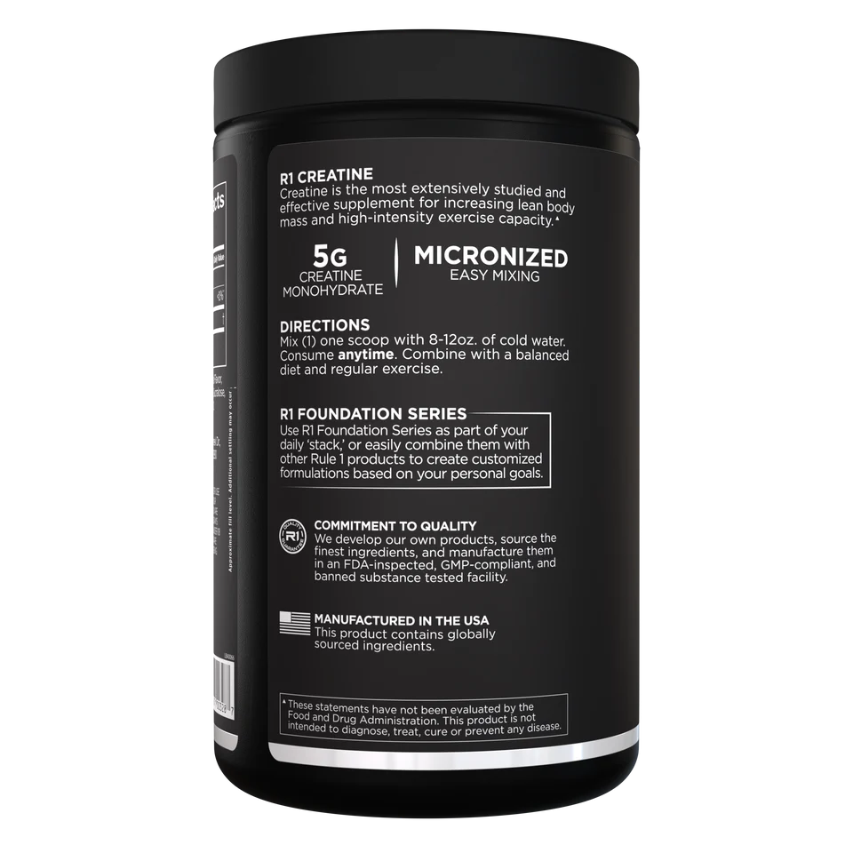 Black supplement container with white text on a white background