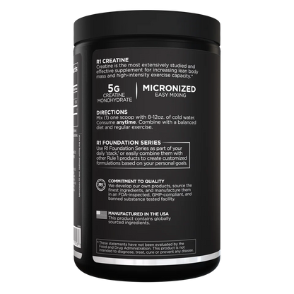 Black supplement container with white text on a white background