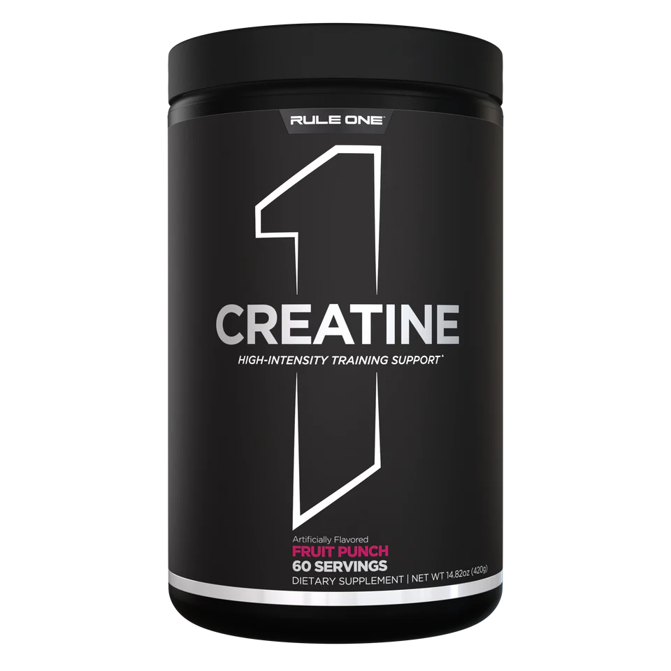 Black container of Rule One Creatine with white text on a white background