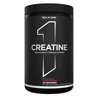 Black container of Rule One Creatine with white text on a white background