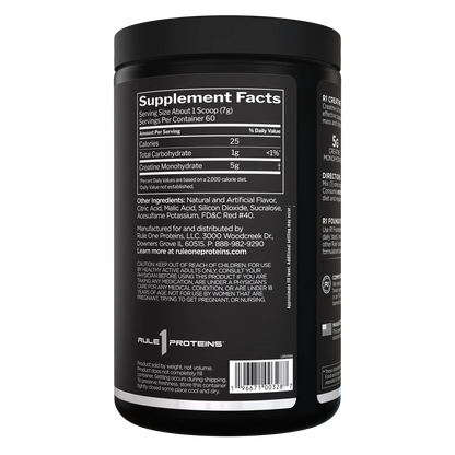 Black supplement container with white text displaying supplement facts and branding on a white background