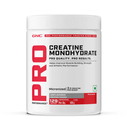 GNC Pro Performance Creatine Monohydrate powder container on a white background