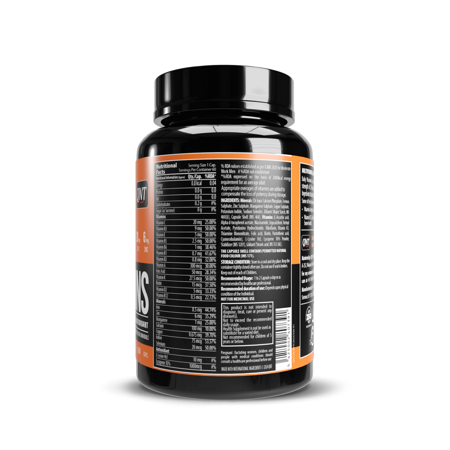 Supplement bottle with nutritional label on a black background