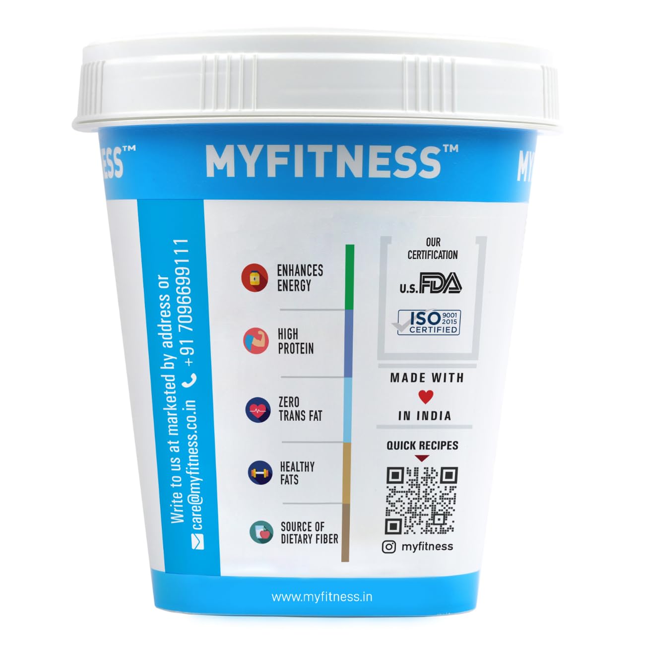 MyFitness protein powder container with certification logos on a white background