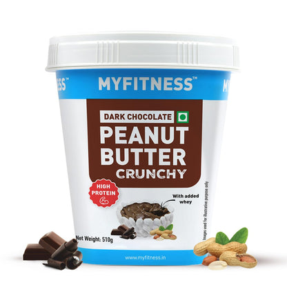 MyFitness Dark Chocolate Peanut Butter Crunchy container with ingredients on a white background