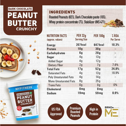 Dark Chocolate Peanut Butter Crunchy packaging with nutritional information and ingredients listed.