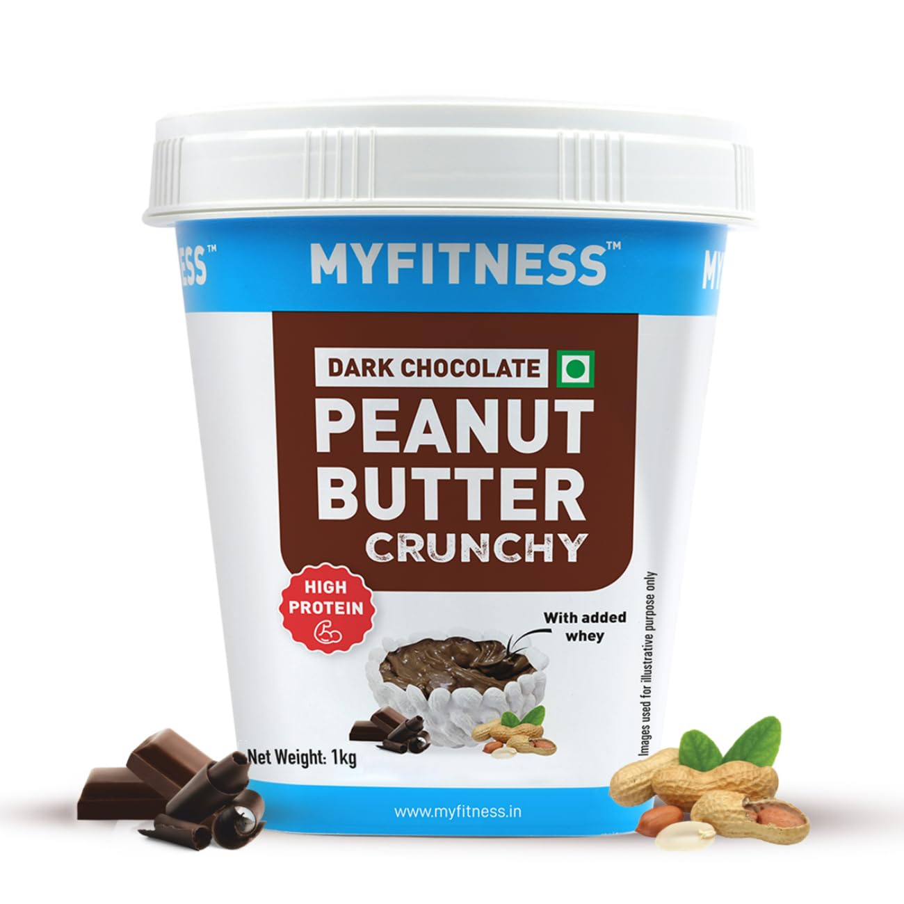 MyFitness Dark Chocolate Peanut Butter Crunchy container with ingredients on a white background