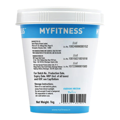 Back label of a MyFitness protein powder container with text and branding.