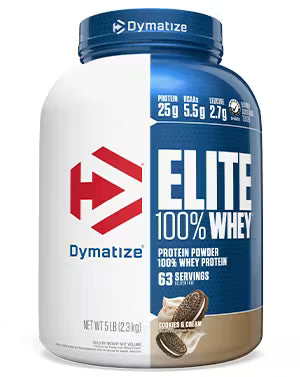 Dymatize Elite 100% Whey protein powder container on a white background