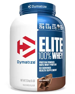 Dymatize Elite 100% Whey protein powder container on a white background