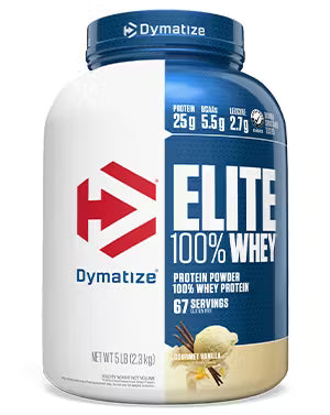 Dymatize Elite 100% Whey protein powder container on a white background
