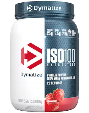 Dymatize ISO100 Hydrolyzed protein powder container with strawberry flavor on a white background