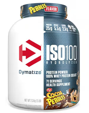 Dymatize ISO100 protein powder container with Cocoa Pebbles flavor on a white background