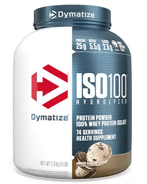 Dymatize ISO100 protein powder container on a white background