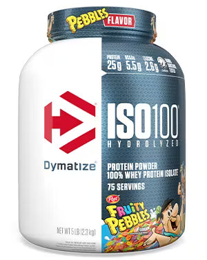 Dymatize ISO100 Hydrolyzed protein powder with Fruity Pebbles flavor packaging.
