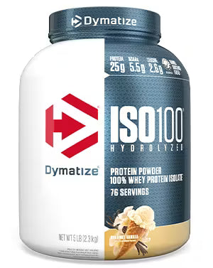 Dymatize ISO100 Hydrolyzed protein powder container on a white background