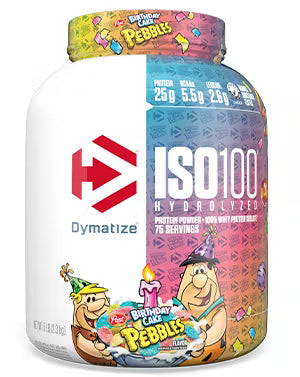 Dymatize ISO100 protein powder container with cartoon characters on a white background