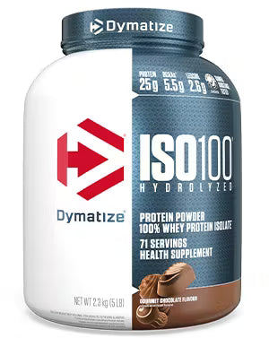 Dymatize ISO100 protein powder container with GOURMET_CHOCOLATE flavor on a white background