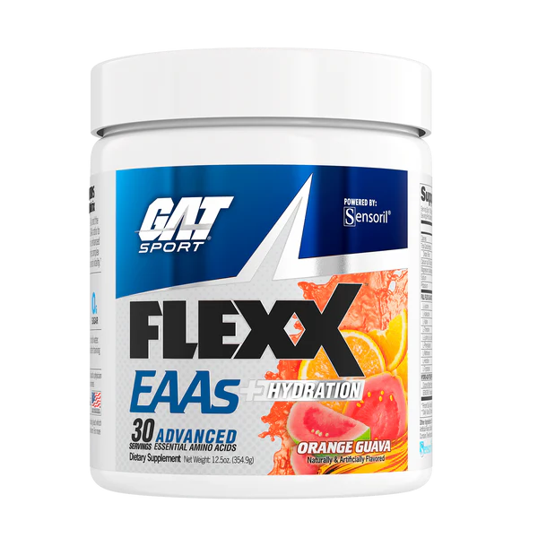 GAT Sport Flexx EAAS Hydration supplement container with orange guava flavor on a white background
