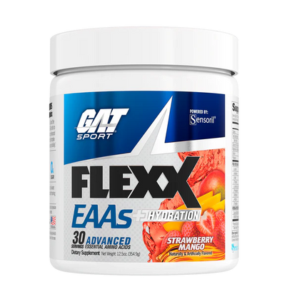 GAT Sport Flexx EAAS supplement container with strawberry mango flavor on a white background