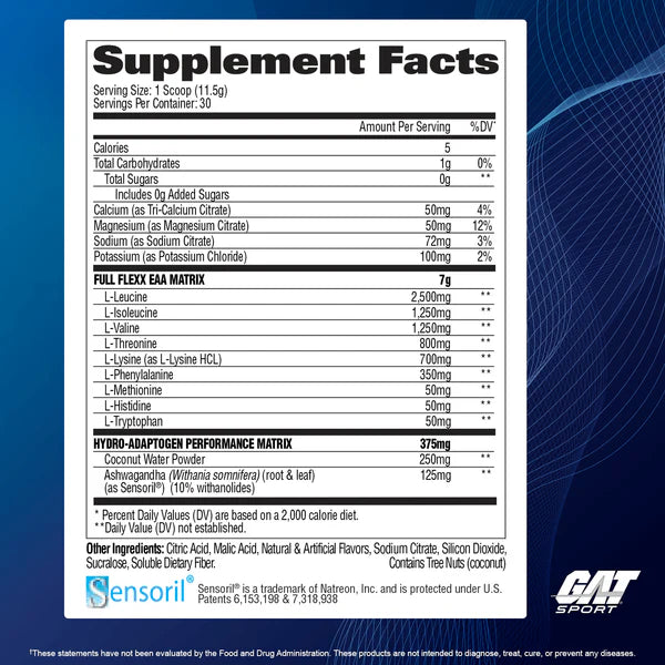 Supplement facts label with GAT Sport branding on a blue background