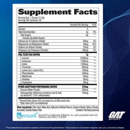 Supplement facts label with GAT Sport branding on a blue background