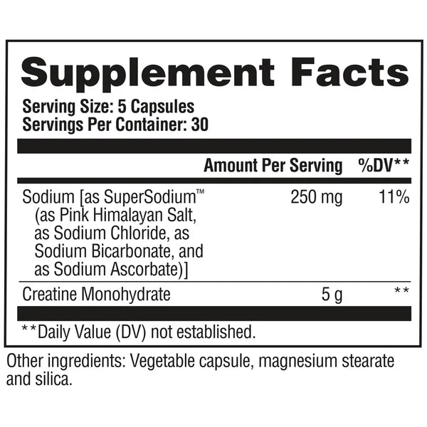 Supplement facts label with sodium and creatine monohydrate content on a white background