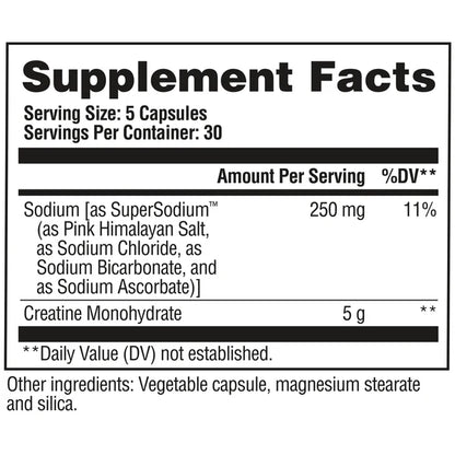 Supplement facts label with sodium and creatine monohydrate content on a white background