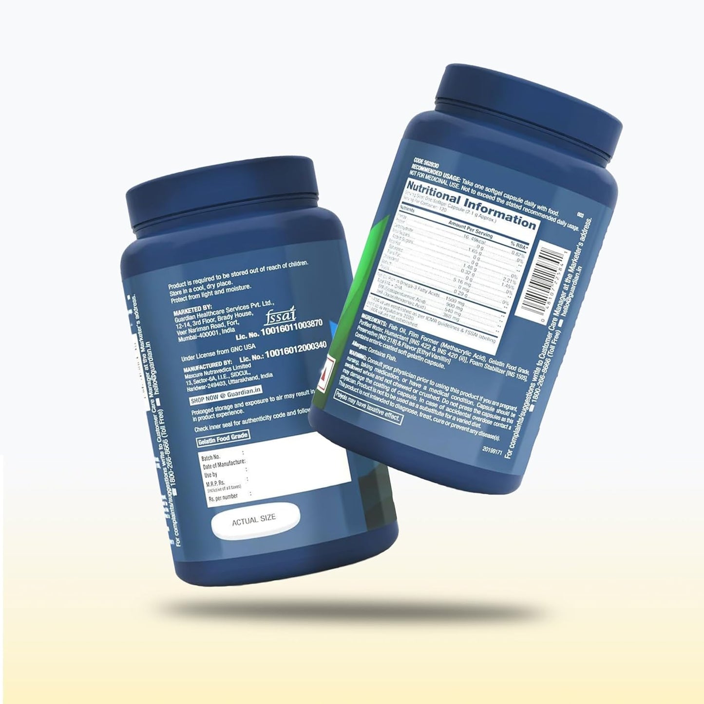 Two blue supplement containers with labels on a gradient background