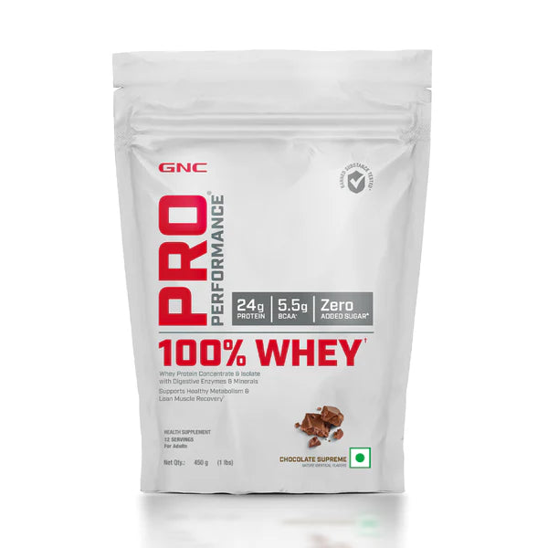 GNC Pro Performance 100% Whey protein package on a white background