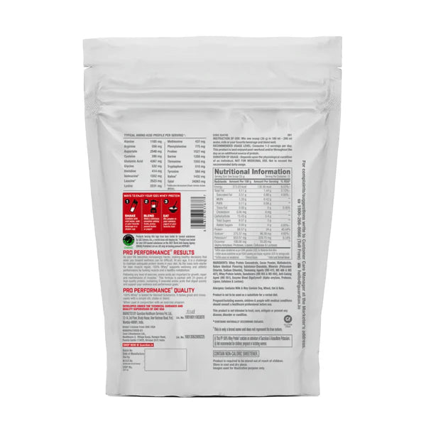 Back view of a protein powder package with nutritional information on a white background