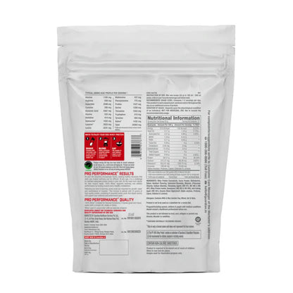 Back view of a protein powder package with nutritional information on a white background