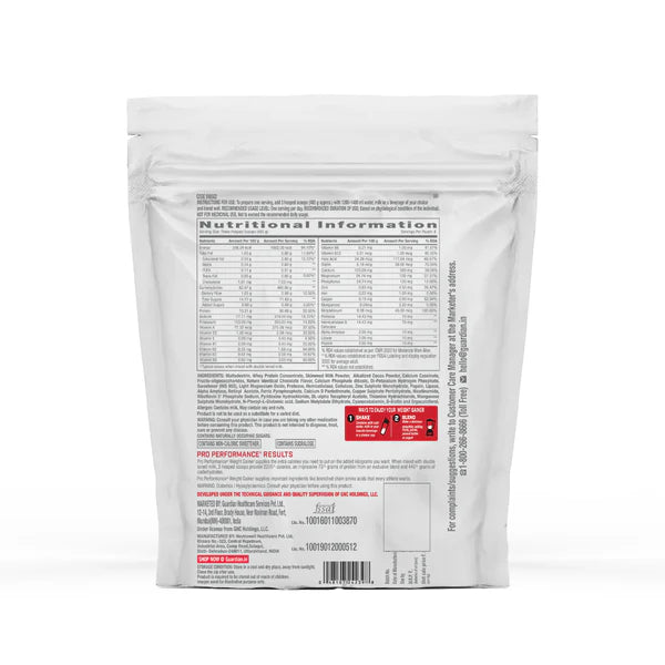 Nutritional information label on a white supplement package