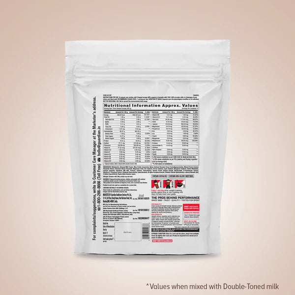 Nutritional information label on a supplement package with a beige background