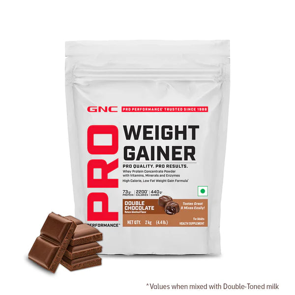 GNC Pro Performance Weight Gainer package with chocolate bars on a white background